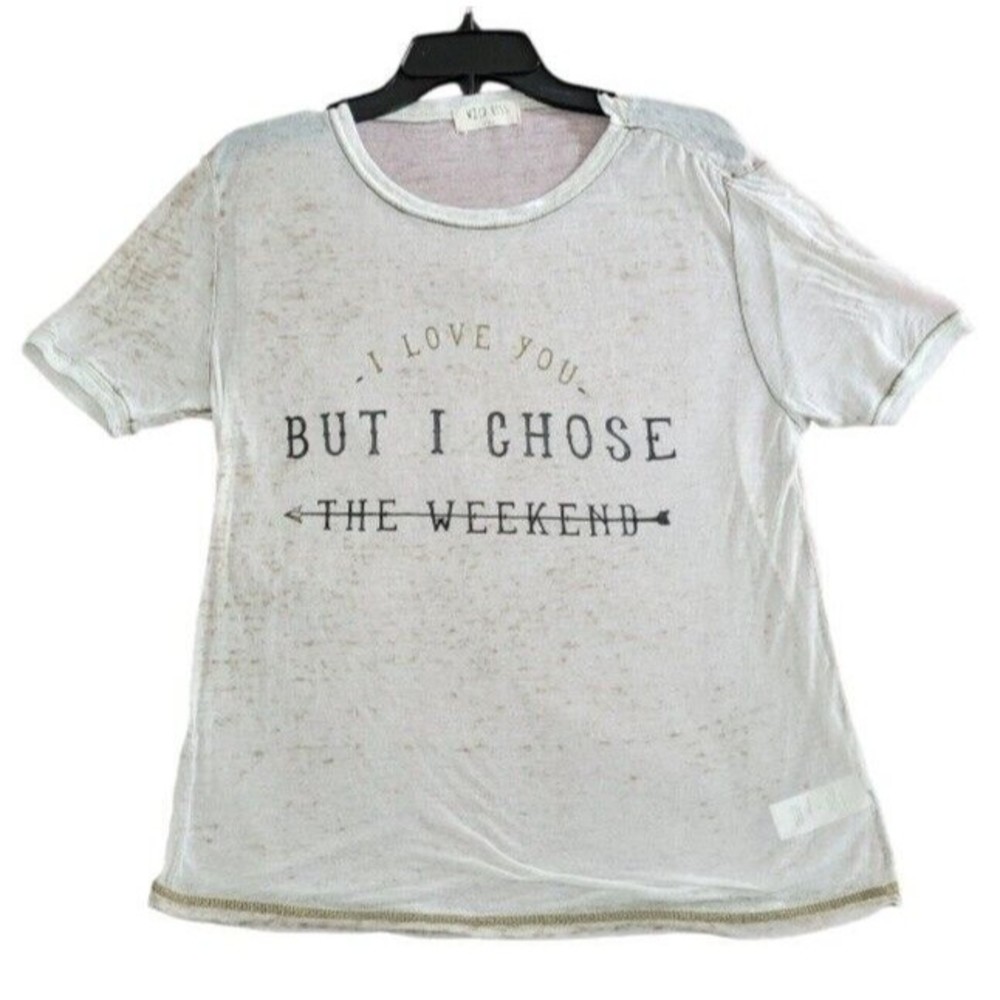 Wild Kiss Womens Medium Gray Beige Sheer Shirt I Love You But Choose The Weekend